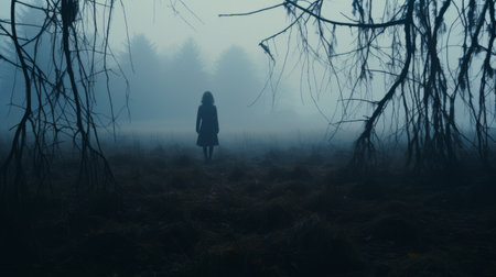 mysterious betty walks through autumn grass on a cold morning, captured in a karst instamatic lo-fi photo. a distant karst and silhouettes of tall trees create a captivating backdrop, while the presence of fog adds an ethereal touch. the cold blue tones enhance the overall atmosphere of the image. ai generatedの素材