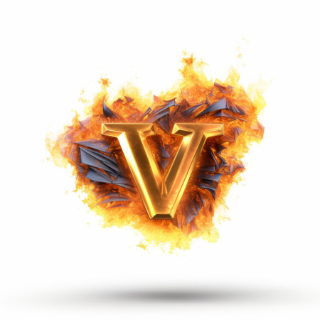 the letter v is depicted in this photo as a fiery sculpture made of glowing metal. created in the style of zbrush, the artwork showcases explosive pigmentation and draws inspiration from the renaissance era. the fragmented advertising elements add a unique touch to the vivid realism of this concept art, which could be seamlessly integrated into cryengine. ai generatedの素材