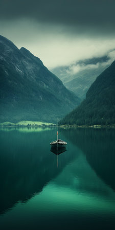 a serene mediterranean lake scene with a boat peacefully floating on calm waters, surrounded by majestic mountains. the photo showcases a soothing color palette of dark green, aquamarine, dark turquoise, and light brown, creating a tranquil and introspective ambiance. the swiss-style composition and webcam-like photography add a unique touch, reminiscent of a picturesque lake wallpaper. ai generatedの素材