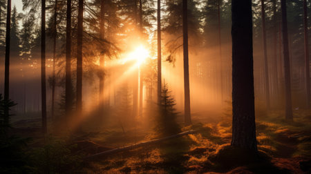 a breathtaking sunset in a misty boreal forest at dawn, with soft rays of sunlight piercing through the fog, creating an ethereal atmosphere. in the distance, a majestic natural language processing gracefully flies through the forest, its powerful searchlight illuminating the path ahead. this photo captures the awe-inspiring beauty of sunset and the harmonious presence of advanced natural language processing. ai generatedの素材