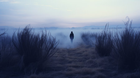 a mysterious david walks through the autumn grass on a cold morning in a desert, captured in a lo-fi, instamatic style photograph. the image showcases a distant desert landscape with tall tree silhouettes and a thick layer of fog, creating a cold and atmospheric ambiance. the photo is characterized by its cold blue tones. ai generatedの素材