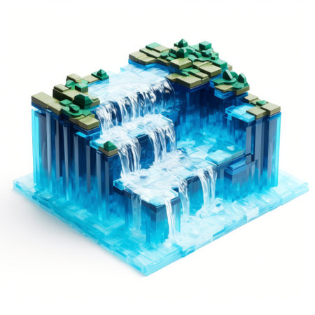 a 3d printed minecraft lake-river waterfall showcasing a futuristic fragmentation style. this digital illustration features isolated landscapes with transparent layers in a captivating combination of white and aquamarine. the innovative page design perfectly captures the essence of an urban environment. ai generatedの素材