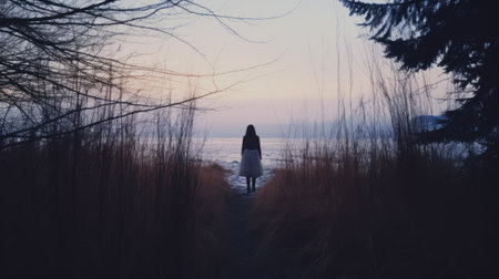 a woman stands by a trail with reeds in the background next to the water, portraying a darkly romantic scene. the image captures trapped emotions and ethereal seascapes, with a mix of dark white and orange tones. the photo showcases a multiple filter effect, reminiscent of midwest gothic aesthetics, and features pastel-colored scenes. ai generatedの素材