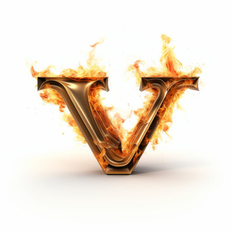 vibrant and captivating, this photo showcases the letter v engulfed in mesmerizing flames against a striking yellow background. created in the style of detailed hyperrealism, the v shines in light bronze and gold hues. the image evokes a sense of trapped emotions, beautifully depicted against a clean white background. perfect for websites and commercial imagery, this photo is a true gemstone. ai generatedの素材