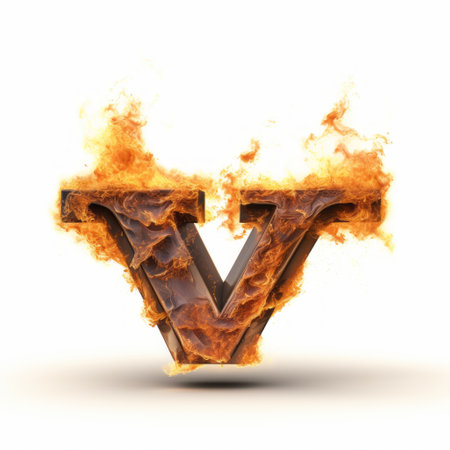 a stock photo featuring a set of 3 v letters with flames on a white background. this photo is created in the style of zbrush, incorporating elements of rusty debris. it also includes superimposed text. the image showcases high quality and highly detailed realism, reminiscent of the works of vito acconci and bill viola. ai generatedの素材
