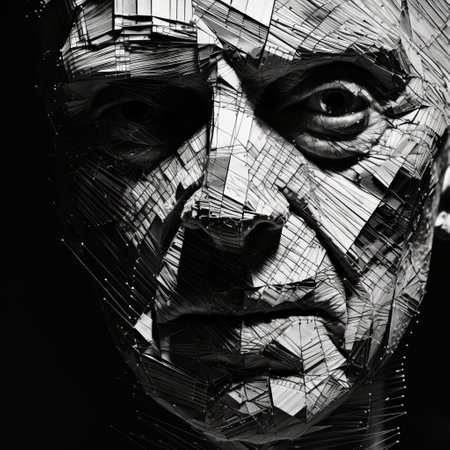 a wire sculpture of a person's head, captured in stark black-and-white photography. this celebrity portrait showcases distorted and fragmented images, with layered surfaces and boldly fragmented features. the intense play of light and shadow adds depth to the wood engraving-like effect. ai generatedの素材