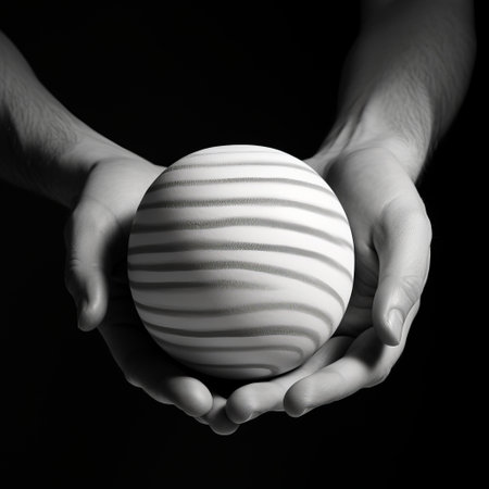 a gold and white textured sphere rests in the hand of a black and white-clad man. the image, captured in the style of long exposure, showcases the craftsmanship of a ceramicist storyteller. with high horizon lines and a touch of surreal realism, the photograph highlights the feminine sculpture. soft lighting adds to the ethereal ambiance, while esoteric symbolism adds depth to the composition. ai generatedの素材