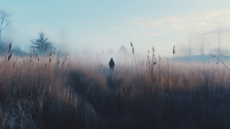 mysterious megan walks through autumn grass on a cold morning, captured in an island instamatic lo-fi photo. a distant island stands before her, while tall tree silhouettes and thick fog create an ethereal atmosphere. the cold blue tones enhance the sense of tranquility and mystery. ai generatedの素材