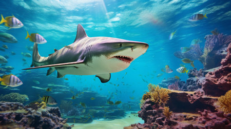 a shark swims amidst a vibrant coral reef teeming with marine life, while a crocodile basks on a rock in the background. this captivating wide-angle shot showcases the breathtaking beauty and diversity of the underwater world. the image, captured in 8k resolution, is incredibly lifelike, allowing you to immerse yourself in the wonders of the ocean. ai generatedの素材