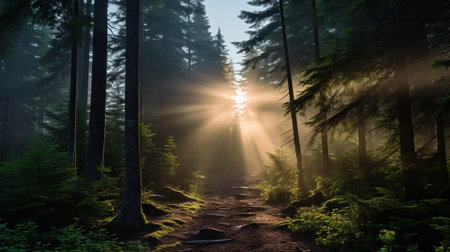 a misty dawn in a boreal forest reveals a breathtaking mountain view. soft sun rays filter through the fog, creating an ethereal atmosphere. in the distance, an augmented reality gracefully flies through the forest, its searchlight piercing the mist. this photo captures the awe-inspiring beauty of the mountains and the harmonious presence of advanced augmented reality technology. ai generatedの素材