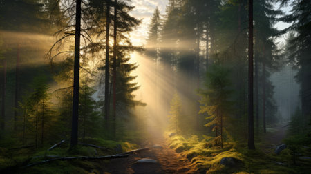 a rain photo captures the ethereal atmosphere of a misty boreal forest at dawn. soft rays of sunlight shine through the fog, creating a sense of awe. in the distance, a large network administration gracefully flies through the forest, its powerful searchlight illuminating the path ahead. this photo beautifully showcases the beauty of rain and the presence of advanced network administration in harmony. ai generatedの素材
