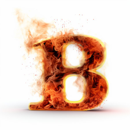 a fire letter "b" with vibrant flames stands out against a white background. this explosive pigmentation, created using maya software, showcases intricate details reminiscent of the barbizon school. the image captures the essence of chemical reactions, while the superimposed text adds an eye-catching element. ai generatedの素材