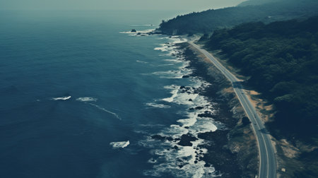 a country road winds alongside the vast ocean, creating a captivating scene of layered imagery. the aerial photography captures the dark white and indigo tones, adding a touch of subtle irony to the highly detailed environment. this vintage-inspired image evokes a sense of travel and adventure, making it a perfect fit for furaffinity enthusiasts and those seeking unique travel experiences. ai generatedの素材
