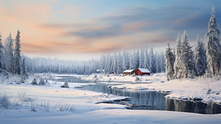 a winter scenery featuring a charming red cottage nestled on a snow-covered ground. this national geographic photo captures the essence of romantic riverscapes, showcasing the beauty of nature. shot with a hasselblad h6d-400c, the image presents a romanticized depiction of the wilderness, reminiscent of whistlerian art. the matte finish and panoramic composition add to the captivating allure of this stunning photograph. ai generatedの素材