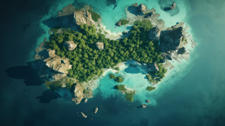 a stunning aerial photograph showcases a picturesque island in the ocean, adorned with lush and captivating trees. the realistic and hyper-detailed rendering style brings out the dark indigo hues of the water and the vibrant light green shades of the foliage. the xbox 360 graphics enhance the spatial concept, while the rich and painterly surfaces add depth to the image. ai generatedの素材