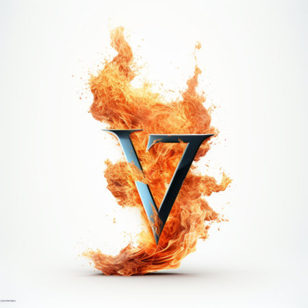 a photo of a letter "v" engulfed in vibrant flames, showcasing meticulous photorealistic still life artistry. this captivating image draws inspiration from ad posters, frostpunk, innovative page design, and vray technology. the fiery orange and azure hues create a striking contrast, while the concept of vandalizing publicity adds an edgy touch to the composition. ai generatedの素材