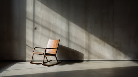 a wood chair sits in a room, exuding the polished concrete style. the backlit photography captures the essence of mori kei, with its classical balance. shot on fujifilm eterna 500t, the image showcases an expansive ambiance, reminiscent of dansaekhwa art. ai generatedの素材