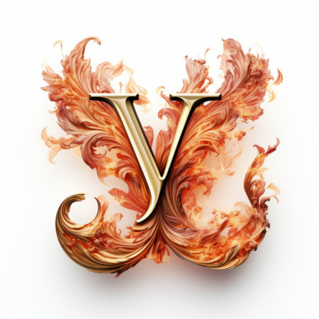 golden fire y letters create a symbol in the style of baroque-inspired figurative works. the detailed feather rendering and hyper-realistic details add depth to the image. the light orange and light crimson colors enhance the visual impact. the innovative page design and narrative-driven visual storytelling make this piece reminiscent of the venetian school. ai generatedの素材
