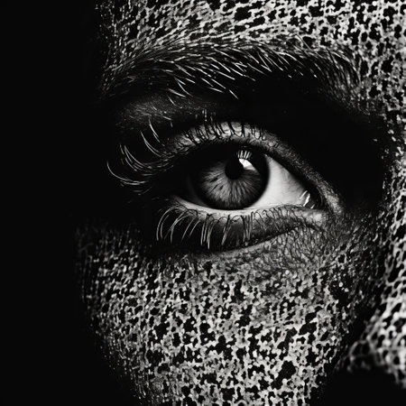 a black and white photo captures the face of a woman with a photorealistic eye, featuring pointillist dotted textures. this stunning image showcases a blend of techno shamanism and hyper-realistic representation. with its eye-catching composition and 8k resolution, it resembles a captivating national geographic photo. ai generatedの素材