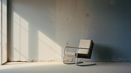a bauhaus-style rocking chair sits outside an empty window, showcasing its functional design. the light brown and dark beige colors add a touch of elegance to the neo-concrete surroundings. this photo, taken with provia film, captures the chrome-plated details of the chair. the dutch seascapes in the background complement the serene mori kei aesthetic. ai generatedの素材