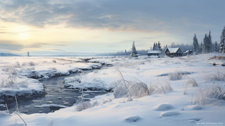 snow-covered houses and a tranquil creek create a soft and dreamy atmosphere in this coastal landscape photo. reminiscent of national geographic's stunning imagery, the picture captures the essence of prairiecore and cabincore aesthetics. the white and silver tones add to the serene landscapism, making it a captivating visual experience. ai generatedの素材
