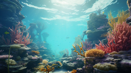 a kelp forest with a colorful coral reef and an abundance of marine life. a lizard resting on a rock adds to the fascinating background image that captures the beauty and diversity of the underwater world. this wide-angle shot in 8k is lifelike and showcases the stunning underwater scenery. ai generatedの素材