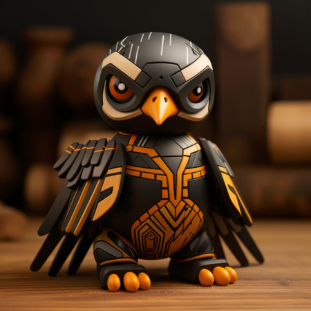falcon brand wooden figurine rhinoceros-like character design in cute and stylish style. this versatile design can be used as a keychain or figurine, featuring a vibrant orange and black color scheme. the dynamic poses and expressions, along with street dance elements like headphones and hats, add a strong sense of movement and personality to this adorable wooden figurine. ai generatedの素材