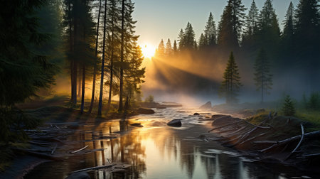 a misty dawn in a boreal forest reveals a serene river scene. soft sun rays filter through the fog, creating an ethereal ambiance. in the distance, a majestic wireless networking glides gracefully through the forest, its searchlight piercing the mist, illuminating the path ahead. this captivating photo captures the harmonious coexistence of nature's beauty and advanced technology. ai generatedの素材