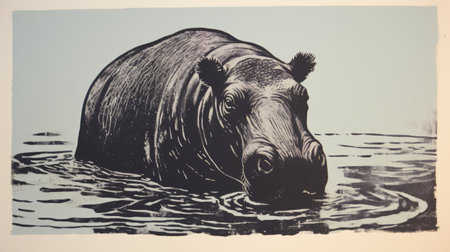 an elephant swimming in the water is depicted in this black and white illustration. the style of the artwork is reminiscent of light bronze and sky-blue tones, with bold lithographic techniques. the frontal perspective captures the elephant's presence, while the mottled and bold block prints add texture. the illustration also features naturalistic bird portraits and a close-up view. ai generatedの素材