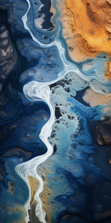 a watercolor painting captures the beauty of a river flowing under vibrant orange and blue skies. the fluid formation of the colors creates a mesmerizing effect. the dark white and azure tones add depth to the scene. this aerial photography-inspired artwork resembles the captivating images found in national geographic. the digitally manipulated elements enhance the overall composition, reminiscent of the style of even mehl amundsen.の素材