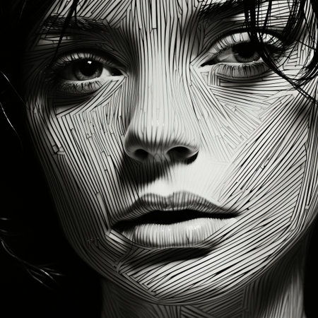 abstract black and white photo art of a woman's face, inspired by the style of dan mumford. this hyper-detailed portrait showcases realistic features with intricate pen strokes, resembling a striped painting. the use of wire and painted illustrations adds depth and texture to the overall composition. ai generatedの素材