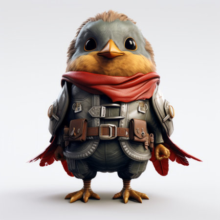 art deco-inspired image of a playful bird character mascot, reminiscent of the style seen in unreal engine. the design features a low-angle perspective and a caricature-like appearance, with richly layered details. this unique artwork draws inspiration from frostpunk and konica big mini, resulting in a visually captivating and whimsical depiction of a bird. ai generatedの素材