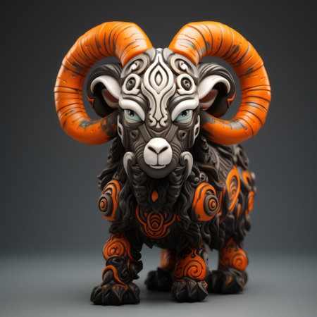 ram brand mythical creature figurine with a rhinoceros-like design. cute and stylish, this figurine has a spreadable appeal. it can be used as a keychain or a decorative figurine. the main color scheme is orange and black, giving it a dynamic and eye-catching look. the figurine showcases strong movement with dynamic poses and expressions, incorporating street dance elements like headphones and hats. ai generatedの素材
