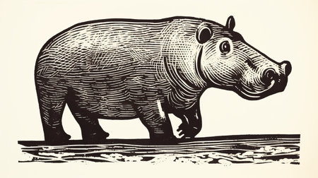 a hand-carved hippo sculpture, reminiscent of woodcut-inspired graphics, is showcased in this 3840x2160 old tin lithographier image. the sculpture features a dark brown and white color scheme, with an elongated form and linear perspective. this golden age illustration exudes creativity and is available under a creative commons attribution license. ai generatedの素材