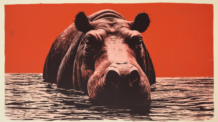 a hippo, affected by a typhoon, gracefully submerges into the water. this silkscreen-style artwork captures the scene with dark orange and light crimson hues. the frontal perspective highlights the intense gaze of the hippo, while bold block prints add a striking touch. the detailed depiction of wildlife showcases the sleekness of the hippo's form. ai generatedの素材