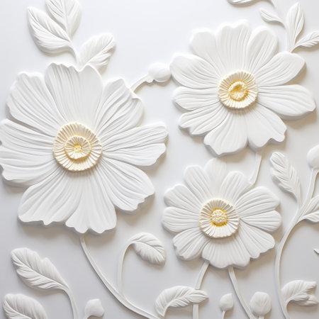 a white flower art piece, designed as a wall sculpture and installation, showcases intricate illustrations and classical motifs. this highly detailed artwork features sculptural ceramics and is captured in stunning 32k uhd resolution. the piece incorporates elements of wallpaper and presents a fusion of detailed illustrations and timeless themes. ai generatedの素材