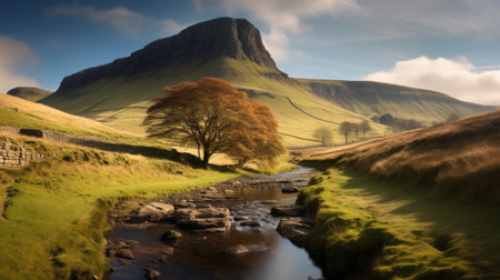 a traditional british landscape captured in the style of max rive, showcasing a rough area in the middle of a pasture. the photo features a combination of light red and light amber tones, reminiscent of clyde caldwell's artwork. the flowing fabrics add a touch of movement, while the subtle use of light and shadow enhances the overall composition. ai generatedの素材