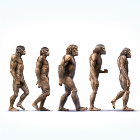 a sequence of humans walking and resting is depicted in this photo, showcasing the fascinating process of human evolution. the image features a white background with digital airbrushing, creating a unique and eye-catching effect. the characters portrayed have a grotesque appearance, adding an intriguing element to the composition. the photo has a light bronze tone and a matte finish, enhancing its artistic appeal. this captivatingの素材