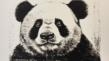 a pencil drawing of a panda bear from a woodblock, featuring stencil-like imagery and a fisheye lens effect. the drawing showcases splattered and dripped details, reminiscent of george bellows' style. this hyperrealistic wildlife portrait captures the panda in a close-up shot, highlighting its intricate features. the artwork is rendered on glazed earthenware, adding a unique touch to the overall composition. ai generatedの素材