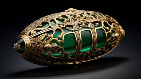 small remote with golden metal carving, ceramic body, inlaid emeralds. round shape, realistic texture, ultra clear image quality, exquisite craftsmanship. ai generatedの素材