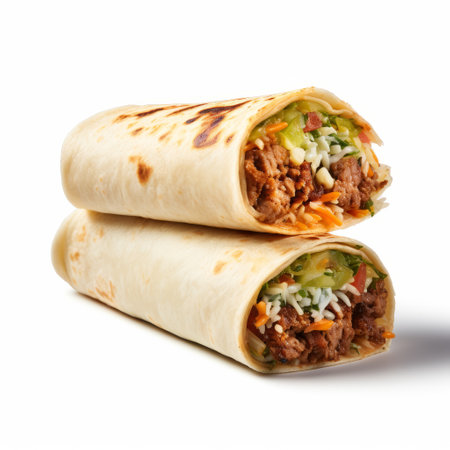 two hyper-realistic wraps featuring succulent beef and a colorful medley of vegetables are artfully stacked together. this composition draws inspiration from consumer culture and the renowned photography group f64. the wraps are beautifully captured in a light brown hue, with the use of high-speed sync adding a dynamic touch. the intricate arabesque scroll design and hints of icepunk aesthetics further enhance the visual appeal. aiの素材