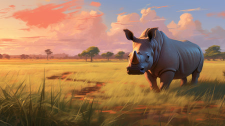 a rhino gracefully strolls through a lush grassy landscape, beautifully depicted in a digital painting style. the richly colored skies and detailed character illustrations evoke the artistic influences of patrick brown and makoto shinkhai. this stunning 8k image showcases soft, romantic landscapes that captivate the viewer's imagination. ai generatedの素材