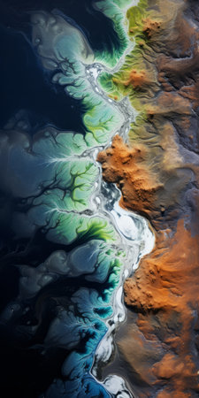 a mesmerizing aerial photograph captures a river flowing through a surreal landscape, reminiscent of intricate psychedelic art and alien worlds. the image showcases a stunning blend of dark white and light orange hues, contrasting with dark sky-blue and green tones. the river appears like liquid metal, creating a captivating color field exploration reminiscent of national geographic photography. ai generatedの素材