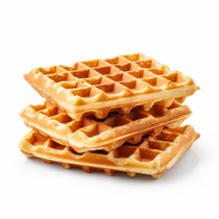 a stack of pancakes and waffles, captured in a high-quality, matte photo against a white background. the composition follows the style of rtx on, with a touch of group f64 influence. the image showcases a beautiful combination of light amber and silver tones, with frequent use of diagonals. these delicious treats are made with utmost care and attention to detail. ai generatedの素材