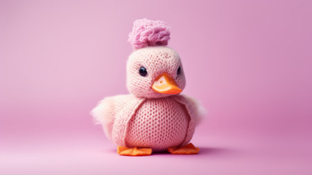 a knitted duck wearing a hat sits over a vibrant pink splatter digital art background. this unique composition, created in the style of focus stacking, combines light pink and light amber tones. the photograph showcases the artistic talents of elke vogelsang and marguerite blasingame, with the duck's sculpted, toy-like proportions and the creative use of fabric. ai generatedの素材