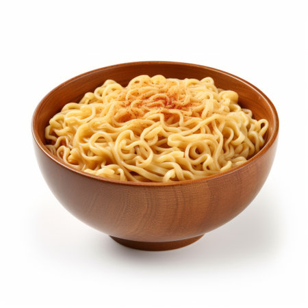 noodles in a wooden bowl, isolated on a white background. this photo captures the essence of samyang af 14mm f28 rf lens, with a touch of manapunk and a nod to the 1970s-present era. the lighting creates a warm, light amber tone, while the intricate details of the noodles make the image visually captivating. the addition of "rtx on" and "sonian" adds a modern andの素材