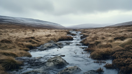 a river flows through majestic mountains under cloudy skies, showcasing the captivating beauty of traditional british landscapes. this photo, edited in the style of darktable processing, captures the essence of environmental awareness and the emerging trend of prairiecore. the atmospheric installations and post-apocalyptic imagery evoke a sense of mystery and intrigue, reminiscent of the works of even mehl amundsen. ai generatedの素材