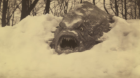 a surreal portrait of a large fish or crocodile digging through snow in the woods. this demonic photograph captures the scene in sepia tone, resembling the style of artists such as william stout, eduard gaertner, and l. birge harrison. the image combines elements of soft sculpture, creating a unique and intriguing visual. ai generatedの素材