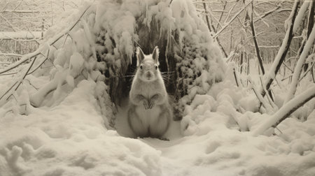 a snow-covered rabbit, captured in the countryside, resides within a pine box. this photograph, inspired by the dusseldorf school of photography, showcases elements of infrared and northern renaissance styles. it also pays homage to soviet photography and the esteemed group f64. with its striking white and brown tones, this contest-winning image captures the essence of nature's beauty. ai generatedの素材