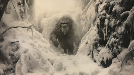 a giant albino monster, reminiscent of laurie lipton's dark and gritty style, strides through snow-covered woods. the haunting atmosphere is enhanced by the smokey background and soft mist, evoking the museum gallery dioramas of artists like alex petruk ape and hiroshi sugimoto. ai generatedの素材